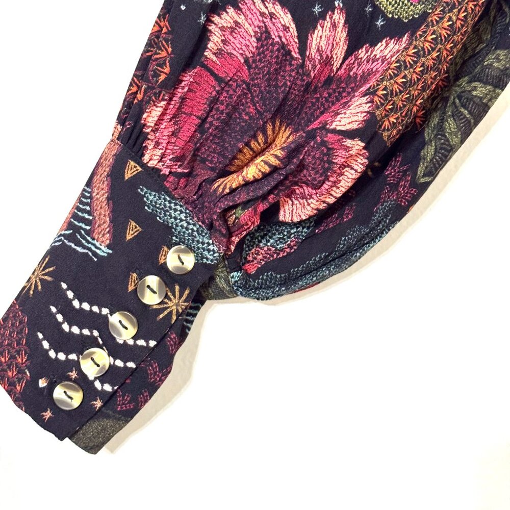 Farm Rio River Creatures Black Floral Mini Dress Tie Belt Button Front Tassels - Picture 8 of 16